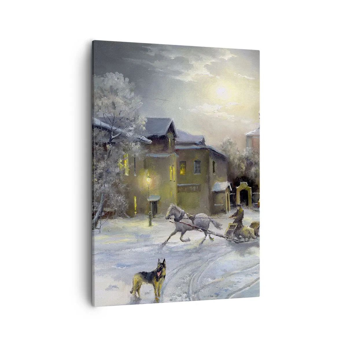 Impression sur toile - Image sur toile - Paysage d'hiver dans une ville russe avec un traîneau et une église - 50x70cm - La magie de l'hiver russe - Décoration murale moderne pour le salon et la chambre ARTTOR