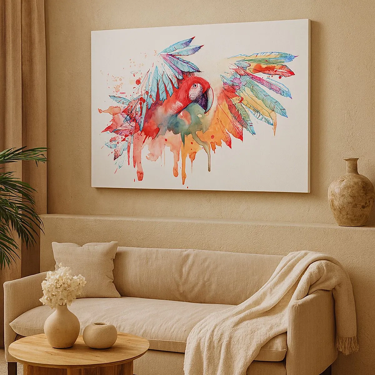Impression sur toile - Image sur toile - Un perroquet dans un style aquarelle artistique - 70x50cm - Perroquets colorés - Décoration murale moderne pour le salon et la chambre ARTTOR