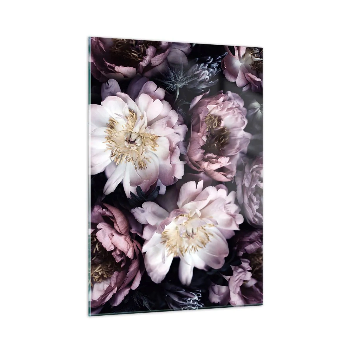 Impression sur verre - Image sur verre - Un bouquet romantique de pivoines aux tons violets et roses discrets - 50x70cm - Bouquet à l'ancienne - Décoration murale moderne pour le salon et la chambre ARTTOR