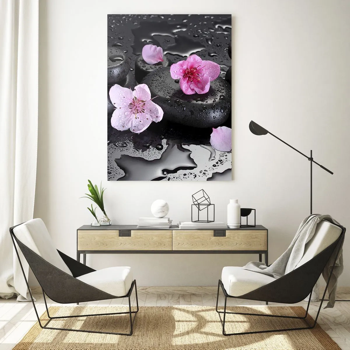 Impression sur verre - Image sur verre - Pierres noires et fleurs roses style spa - 80x120cm - Et le cœur s'allège soudainement - Décoration murale moderne pour le salon et la chambre ARTTOR