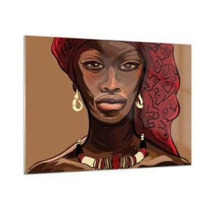 Impression sur verre - Image sur verre - Portrait stylisé d'une femme au turban rouge avec des bijoux. - 100x70cm - Vénus d'ébène - Décoration murale moderne pour le salon et la chambre ARTTOR