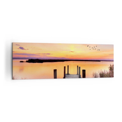 Impression sur toile - Image sur toile - Une jetée sur un lac au coucher du soleil avec des oiseaux dans le ciel - 160x50cm - Aube silencieuse violette - Décoration murale moderne pour le salon et la chambre ARTTOR