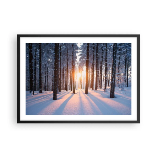 Affiche dans un cadre noir - Poster - Forêt d'hiver illuminée par les rayons du soleil - 70x50cm - Clairement en noir et blanc - Décoration murale moderne pour le salon et la chambre ARTTOR