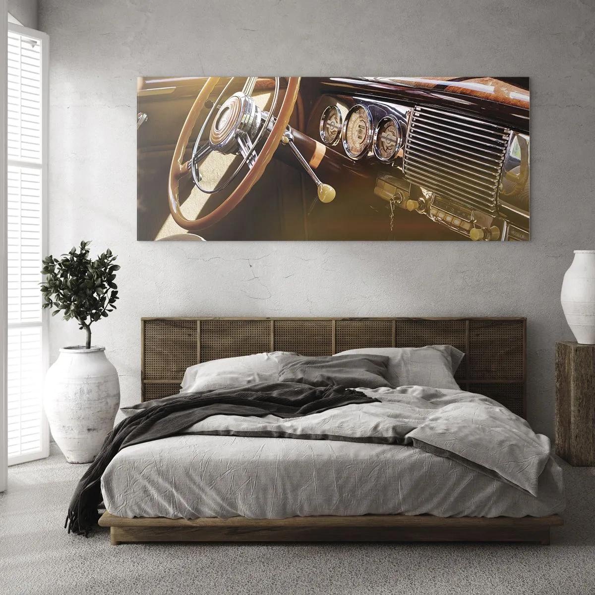 Impression sur verre - Image sur verre - Gros plan de l'intérieur d'une voiture classique avec des détails en bois et en chrome. - 140x50cm - Souffle de luxe venu du passé - Décoration murale moderne pour le salon et la chambre ARTTOR