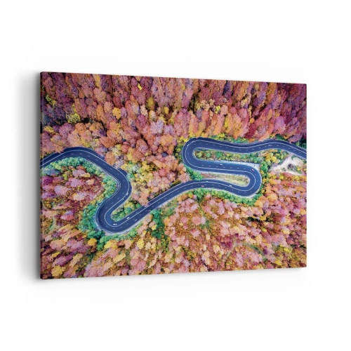 Impression sur toile - Image sur toile - Une route sinueuse dans une forêt d'automne vue à vol d'oiseau - 100x70cm - Route sinueuse à travers la forêt - Décoration murale moderne pour le salon et la chambre ARTTOR