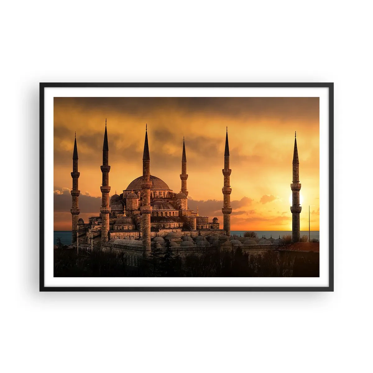 Affiche dans un cadre noir - Poster - La mosquée au coucher du soleil aux couleurs chaudes - 100x70cm - Dieu est grand - Décoration murale moderne pour le salon et la chambre ARTTOR
