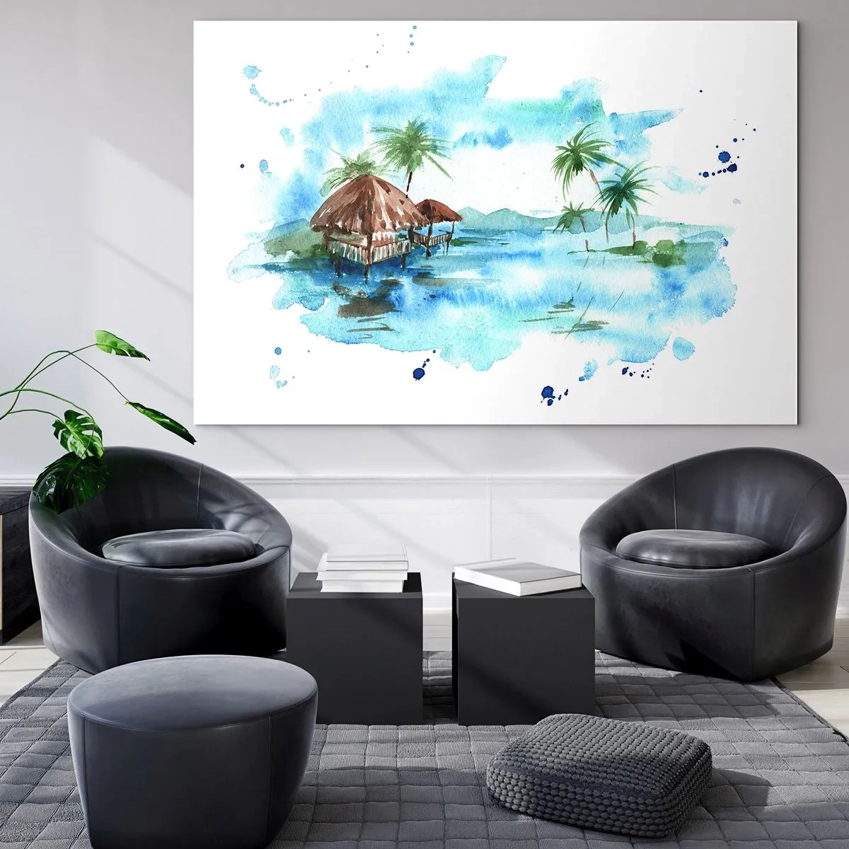 Impression sur verre - Image sur verre - Paysage tropical avec des palmiers et un chalet de style aquarelle - 120x80cm - Quelque part dans le Pacifique - Décoration murale moderne pour le salon et la chambre ARTTOR