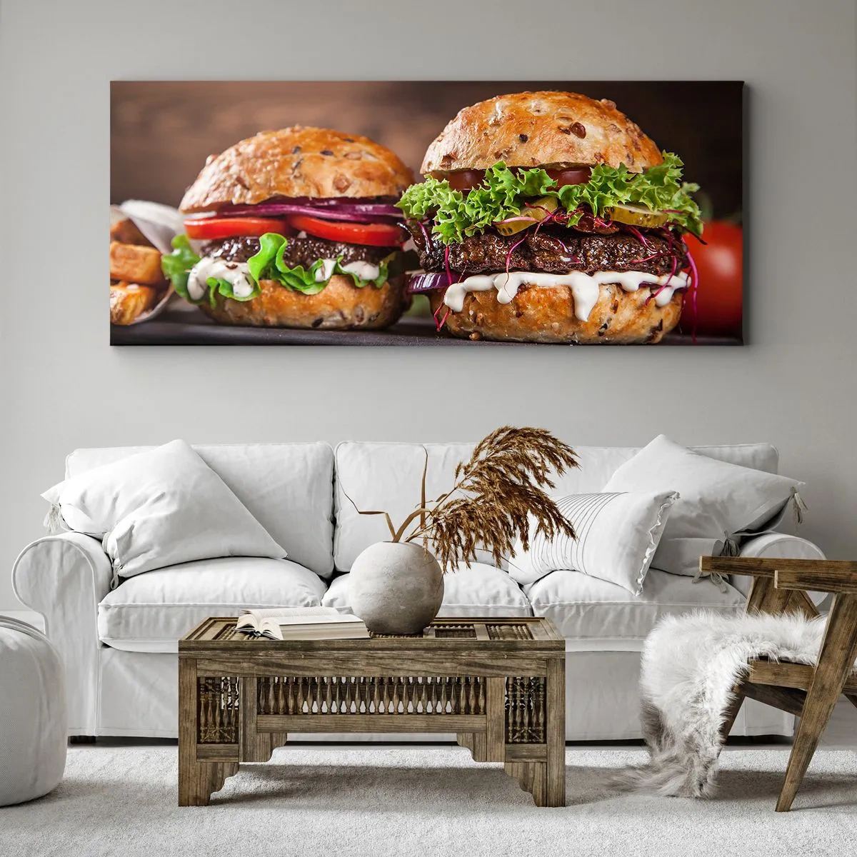 Impression sur toile - Image sur toile - Burgers appétissants avec légumes et sauce - 160x50cm - American dream - Décoration murale moderne pour le salon et la chambre ARTTOR