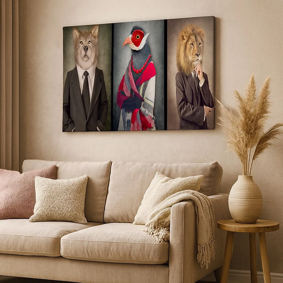 Impression sur toile - Image sur toile - Portraits stylisés d'un loup, d'un faisan et d'un lion en vêtements élégants - 70x50cm - Qu'est ce que je fais ici?! - Décoration murale moderne pour le salon et la chambre ARTTOR