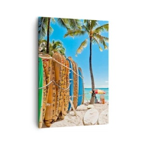Impression sur toile - Image sur toile - Planches de surf sur une plage avec des palmiers - 50x70cm - Jeux ensoleillés - Décoration murale moderne pour le salon et la chambre ARTTOR