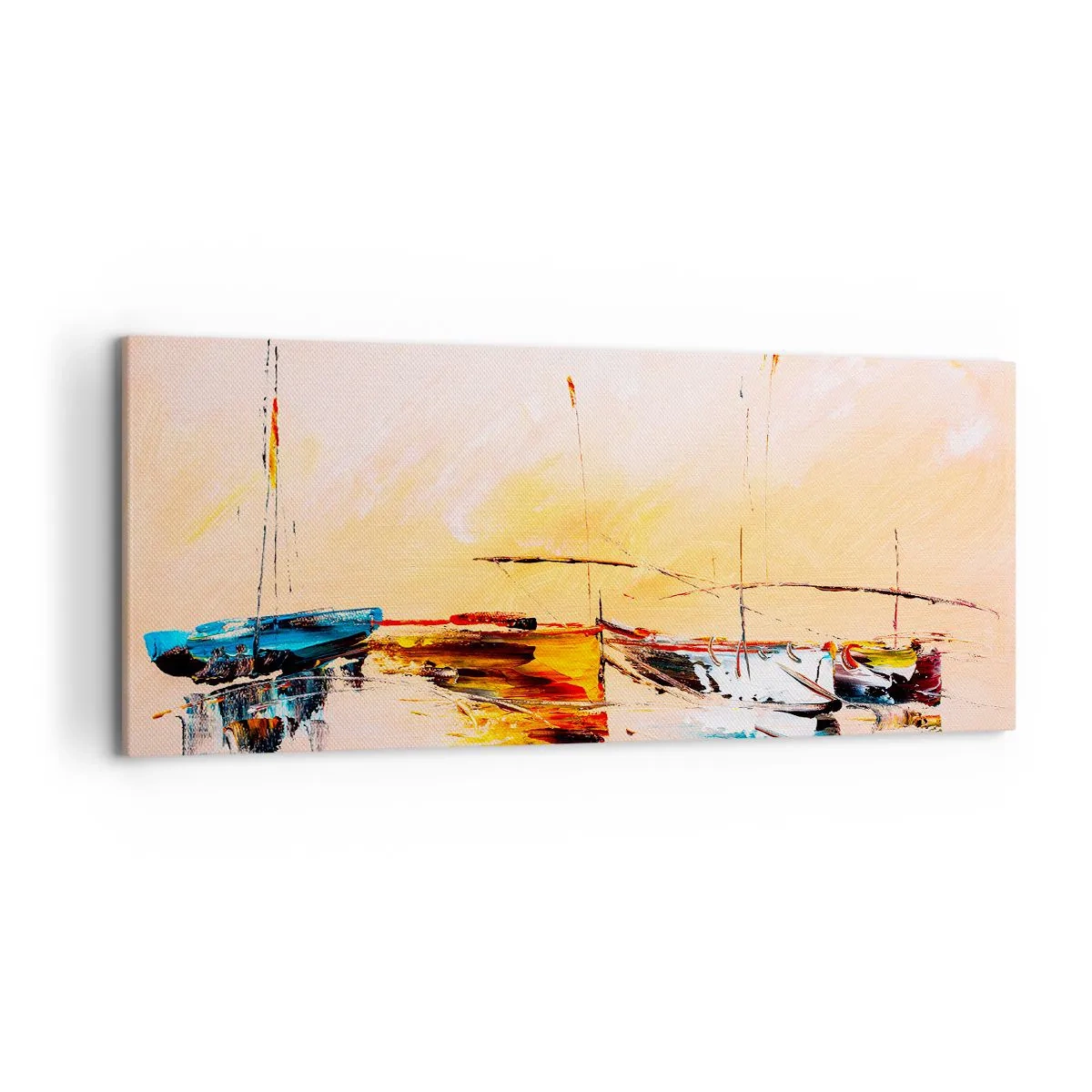 Impression sur toile - Image sur toile - Bateaux colorés sur une eau calme au coucher du soleil - 120x50cm - Soirée à la marina - Décoration murale moderne pour le salon et la chambre ARTTOR