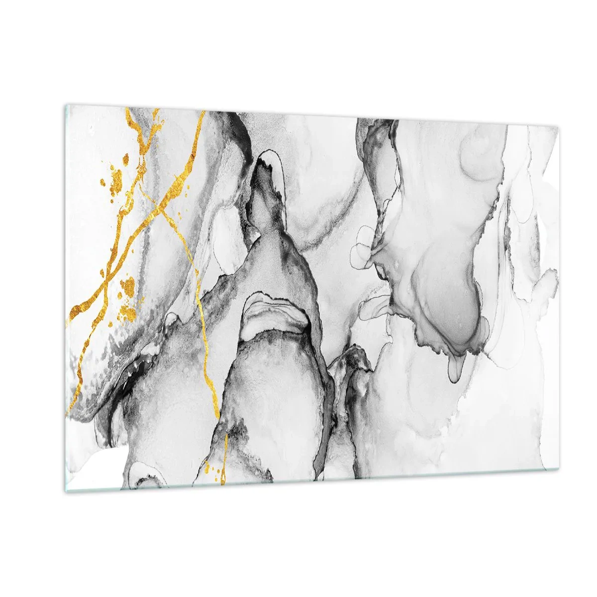 Impression sur verre - Image sur verre - Composition abstraite en noir et blanc avec une touche d'or - 120x80cm - Composition à motif or - Décoration murale moderne pour le salon et la chambre ARTTOR