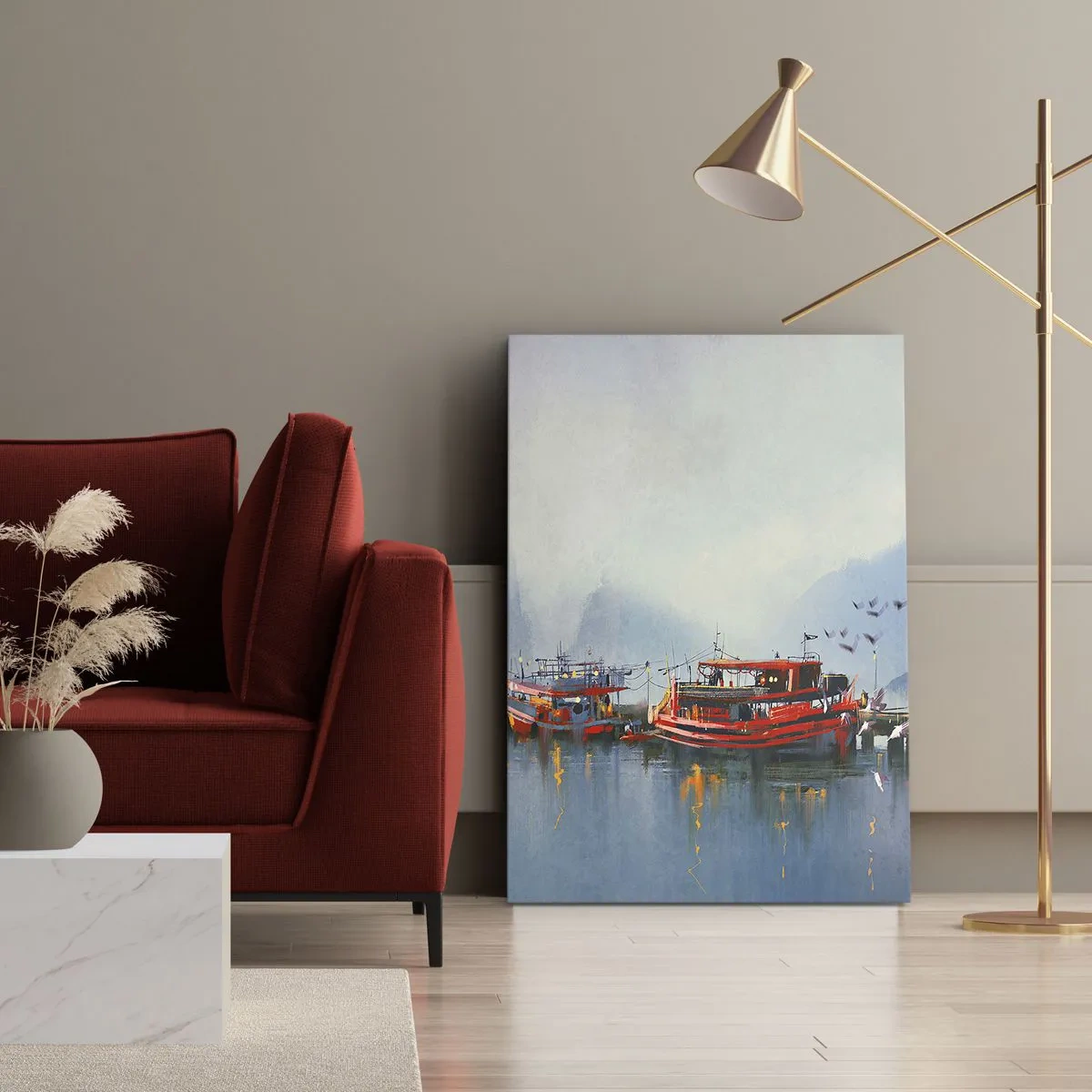 Impression sur toile - Image sur toile - Un port avec des bateaux rouges entouré d'un paysage brumeux - 80x120cm - Na końcu świata - Décoration murale moderne pour le salon et la chambre ARTTOR