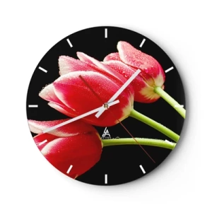 Horloge murale - Pendule murale - Tulipes rouges avec des gouttes d'eau sur fond noir - 30x30cm - Une promesse d'amour pur - Décoration murale moderne pour le salon, la cuisine et la chambre ARTTOR