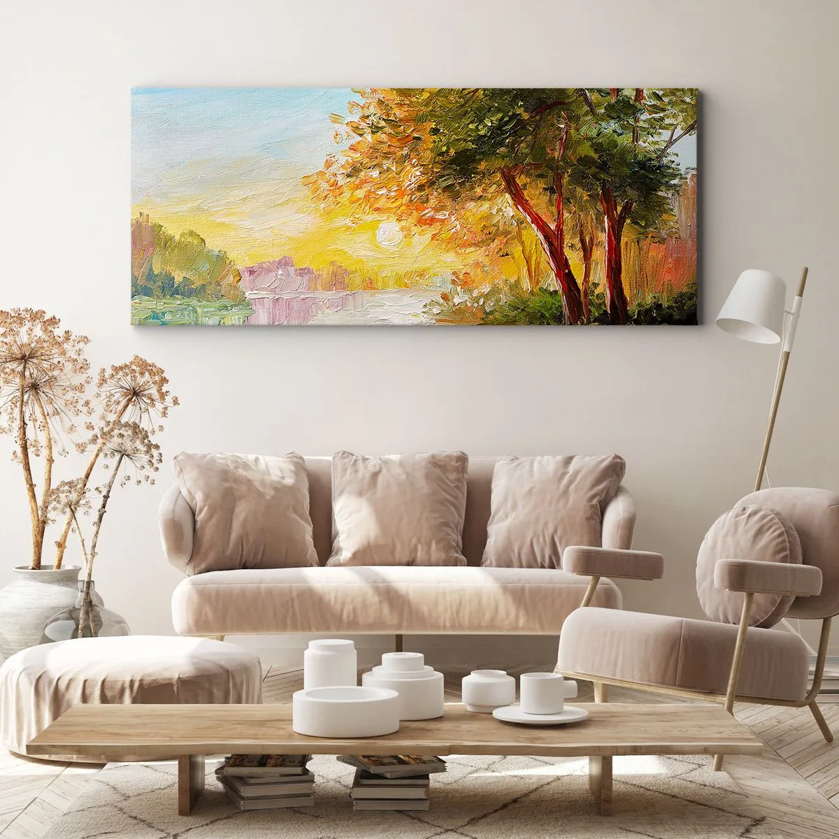 Impression sur toile - Image sur toile - Un paysage pittoresque avec une rivière et des arbres au coucher du soleil - 140x50cm - Et in Arcadia ego - Décoration murale moderne pour le salon et la chambre ARTTOR