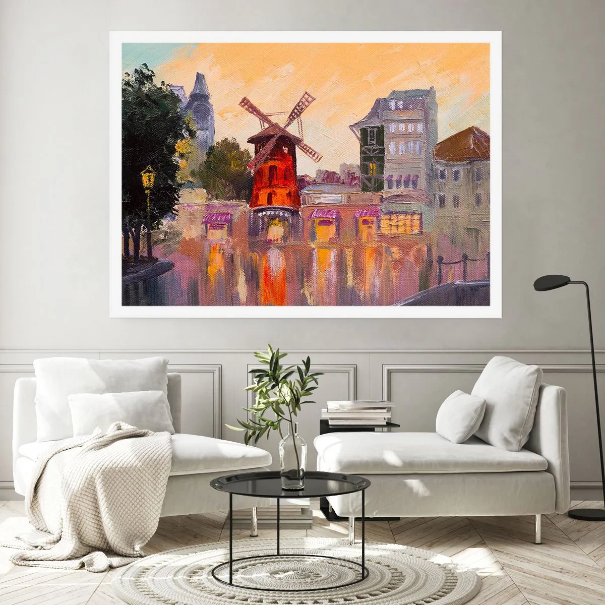 Affiche - Poster - Le moulin à vent rouge du Moulin Rouge entouré par le paysage urbain - 100x70cm - Icones parisiennes – le Moulin rouge - Décoration murale moderne pour le salon et la chambre ARTTOR