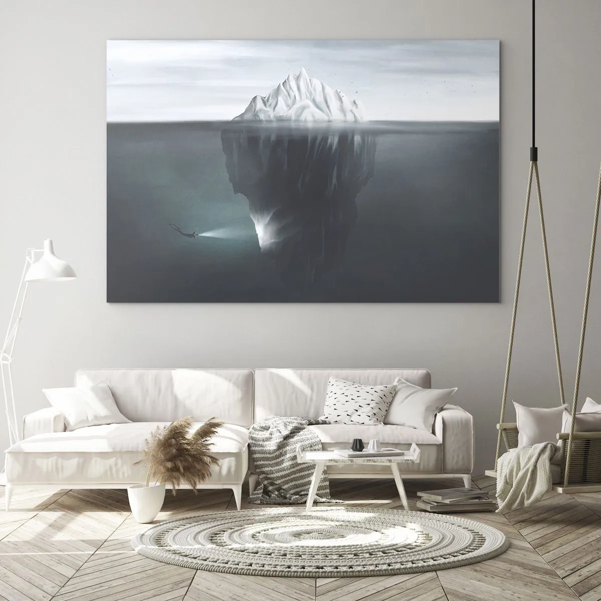 Impression sur verre - Image sur verre - Un iceberg avec un plongeur explorant la partie sous-marine - 100x70cm - Mystère sous-marin - Décoration murale moderne pour le salon et la chambre ARTTOR