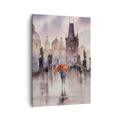 Impression sur toile - Image sur toile - Vue romantique d'un pont avec un parapluie sur fond de ville en soirée - 50x70cm - Les gens ne changent pas - Décoration murale moderne pour le salon et la chambre ARTTOR