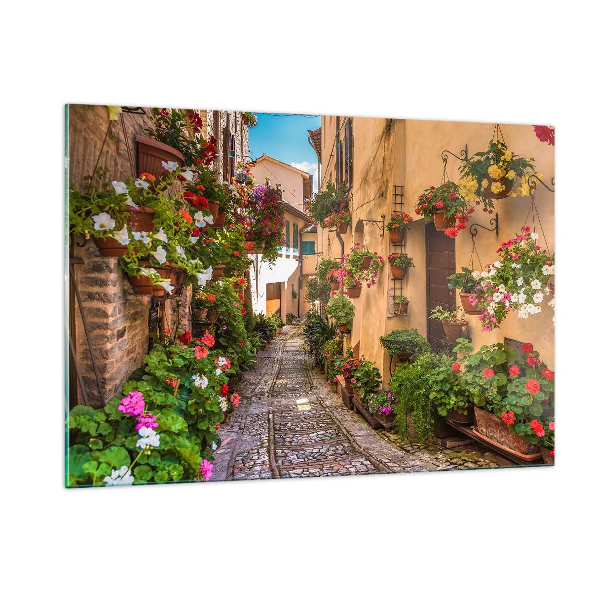 Impression sur verre - Image sur verre - Une charmante ruelle italienne avec des fleurs en pot et une rue pavée - 120x80cm - Ruelle italienne - Décoration murale moderne pour le salon et la chambre ARTTOR
