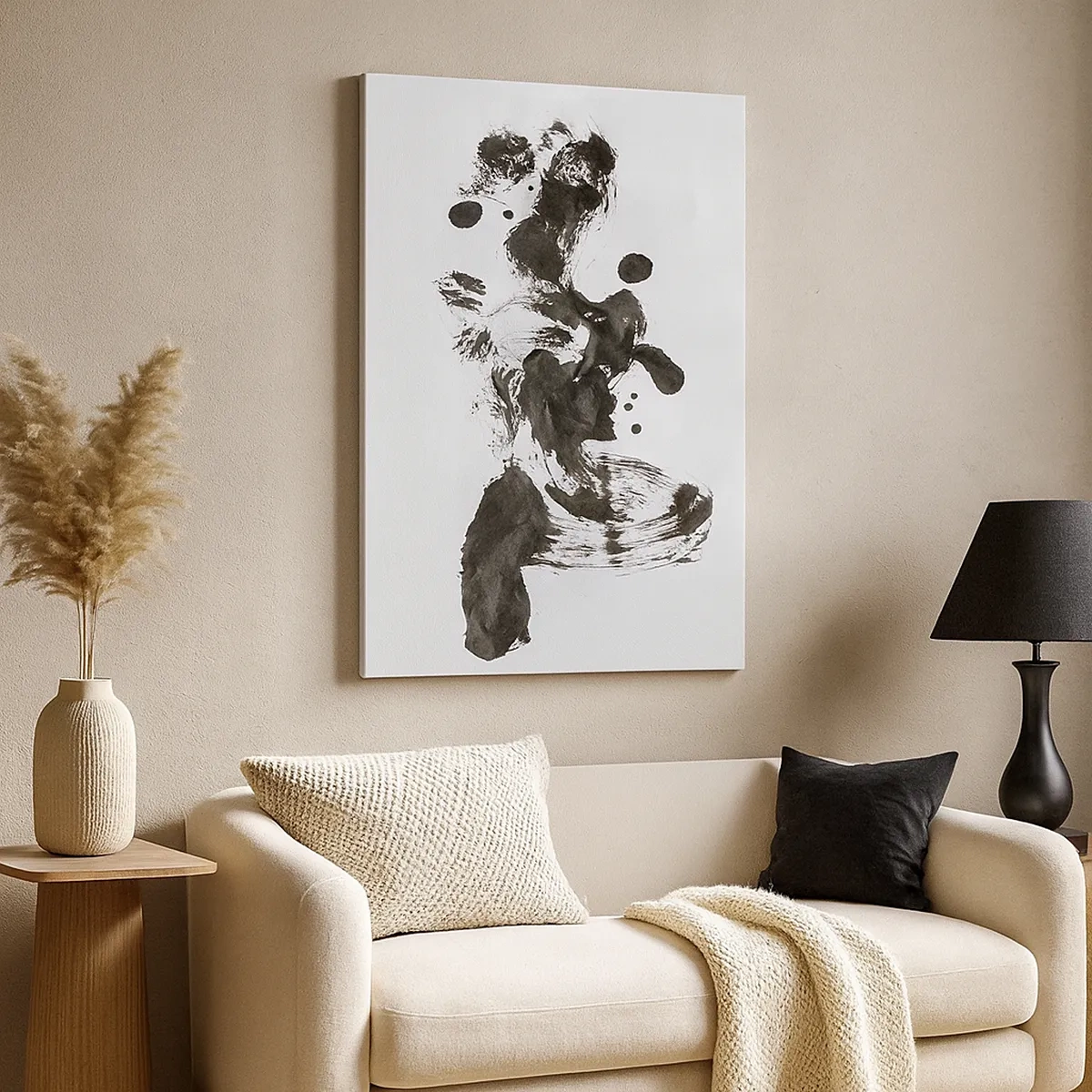Impression sur toile - Image sur toile - Composition abstraite de taches noires sur fond blanc - 50x70cm - De la méthode dans la folie ? - Décoration murale moderne pour le salon et la chambre ARTTOR