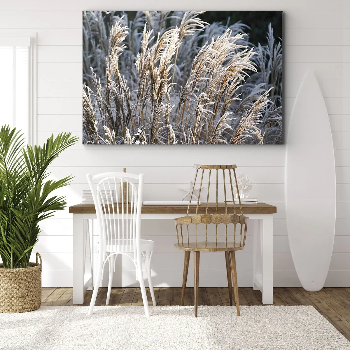 Impression sur toile - Image sur toile - Brins d'herbe d'hiver recouverts de givre sur un fond vert foncé - 120x80cm - Habillé de givre - Décoration murale moderne pour le salon et la chambre ARTTOR
