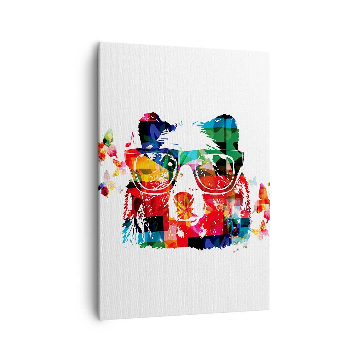 Impression sur toile - Image sur toile - Ours coloré avec des lunettes avec des papillons et des notes de musique - 70x100cm - Ca plait au chien! - Décoration murale moderne pour le salon et la chambre ARTTOR