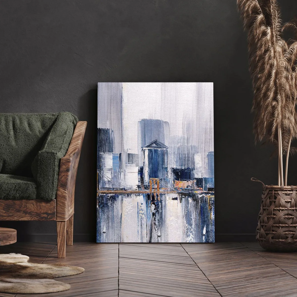 Impression sur toile - Image sur toile - Panorama urbain abstrait avec des nuances de bleu et de jaune - 50x70cm - Impression new-yorkaise - Décoration murale moderne pour le salon et la chambre ARTTOR