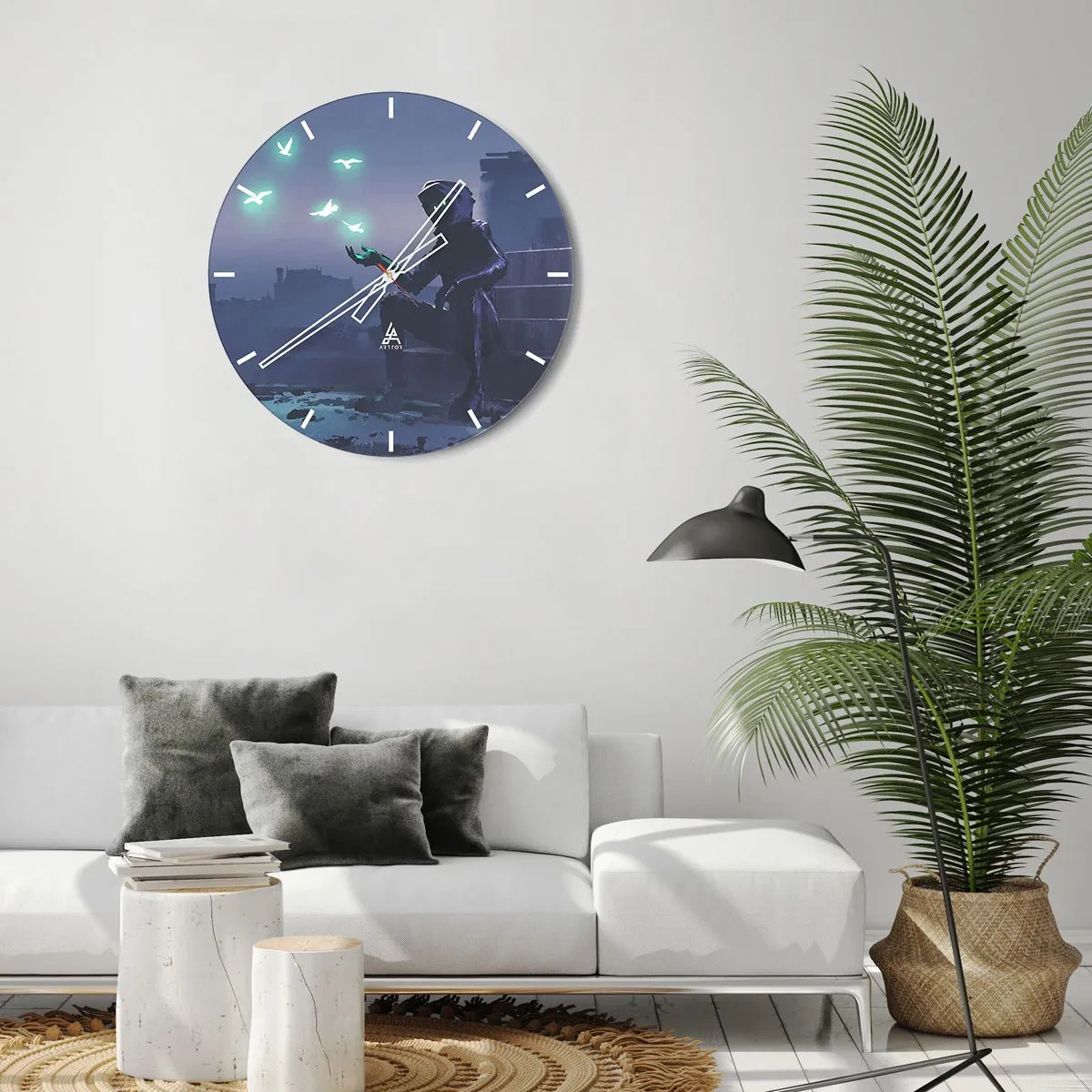 Horloge murale - Pendule murale - Une silhouette dans le noir avec des oiseaux au néon en arrière-plan - 30x30cm - La vie reviendra - Décoration murale moderne pour le salon, la cuisine et la chambre ARTTOR