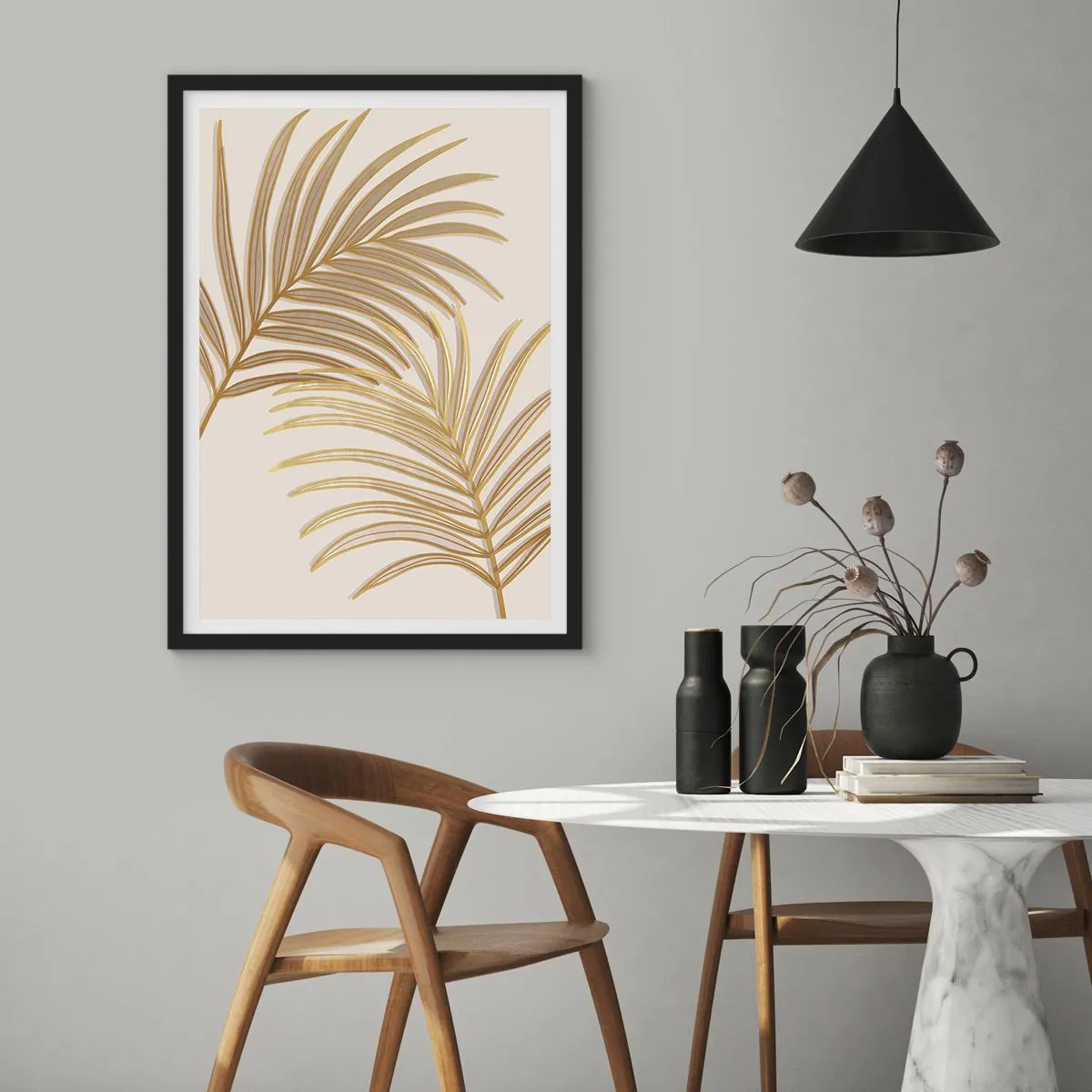 Affiche dans un cadre noir - Poster - Feuilles de palmier dorées dans un style minimaliste sur un fond clair - 50x70cm - Palme d'or! - Décoration murale moderne pour le salon et la chambre ARTTOR