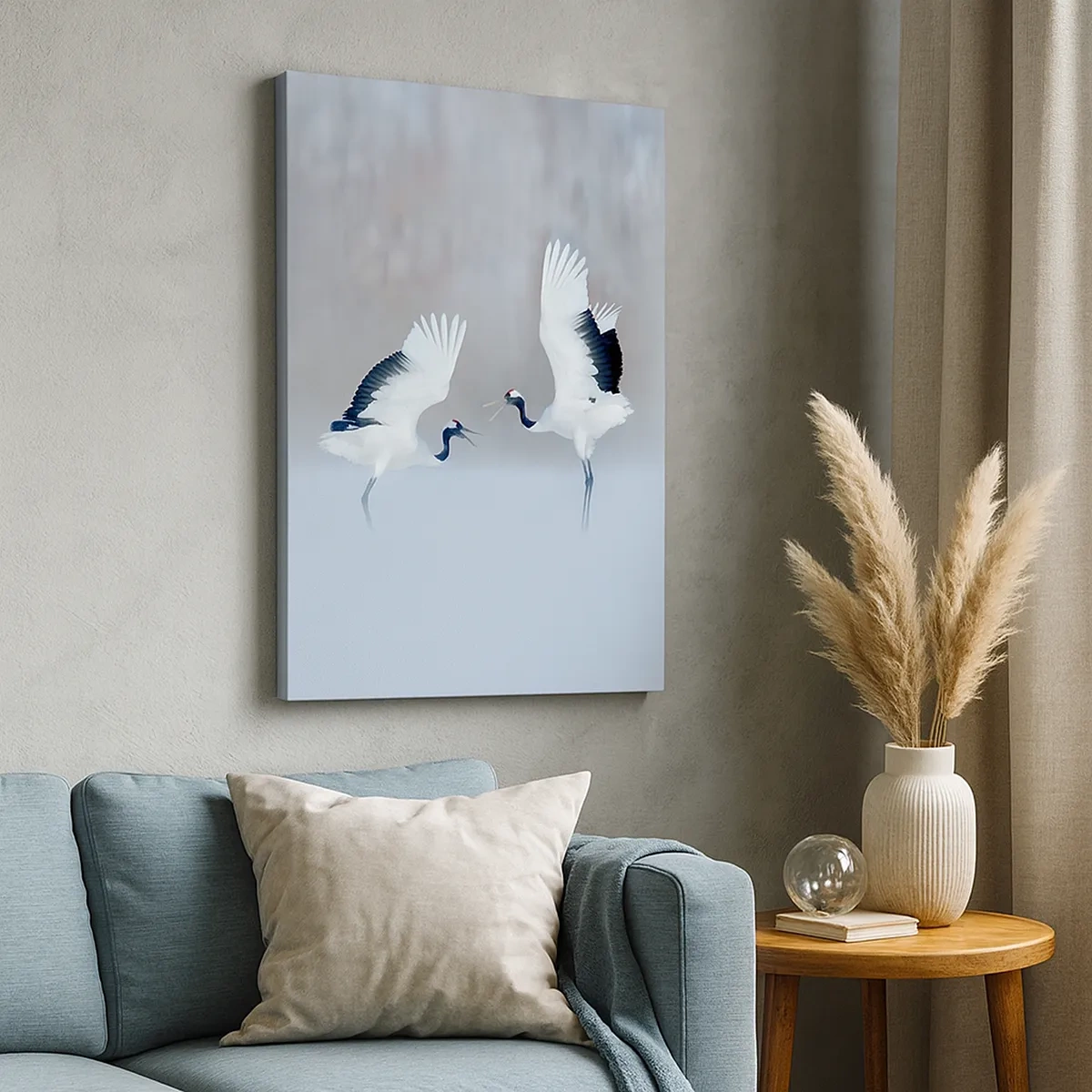 Impression sur toile - Image sur toile - Deux grues dansant dans un paysage brumeux - 50x70cm - Danse dans le brouillard - Décoration murale moderne pour le salon et la chambre ARTTOR