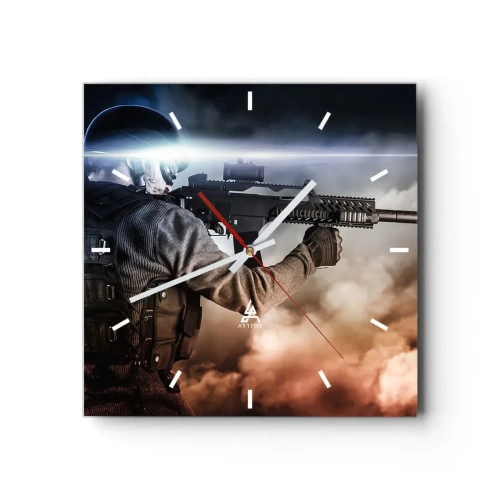 Horloge murale - Pendule murale - Un soldat en action avec un fusil sur fond de nuages et de lumière. - 30x30cm - Tout simplement un héros - Décoration murale moderne pour le salon et la chambre ARTTOR