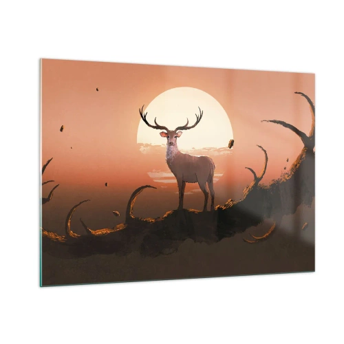 Impression sur verre - Image sur verre - Silhouette d'un cerf sur fond de grande lune entourée de branches - 100x70cm - Cette nuit ne ressemble à aucune autre - Décoration murale moderne pour le salon et la chambre ARTTOR