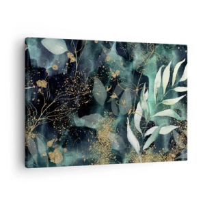 Impression sur toile - Image sur toile - Feuilles élégantes sur un fond sombre avec des accents dorés - 70x50cm - Jardin magique - Décoration murale moderne pour le salon et la chambre ARTTOR