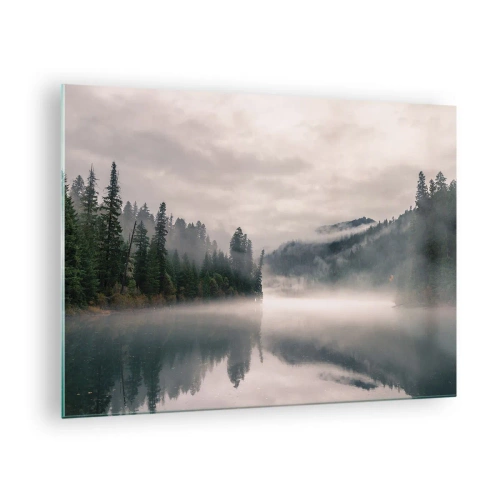 Impression sur verre - Image sur verre - Vue matinale d'un lac dans la forêt, enveloppé de brouillard - 70x50cm - Reflet dans le brouillard - Décoration murale moderne pour le salon et la chambre ARTTOR