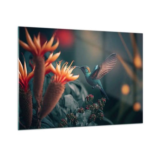 Impression sur verre - Image sur verre - Un colibri plane au-dessus de fleurs exotiques parmi les feuilles. - 100x70cm - une vie vraiment colorée - Décoration murale moderne pour le salon et la chambre ARTTOR