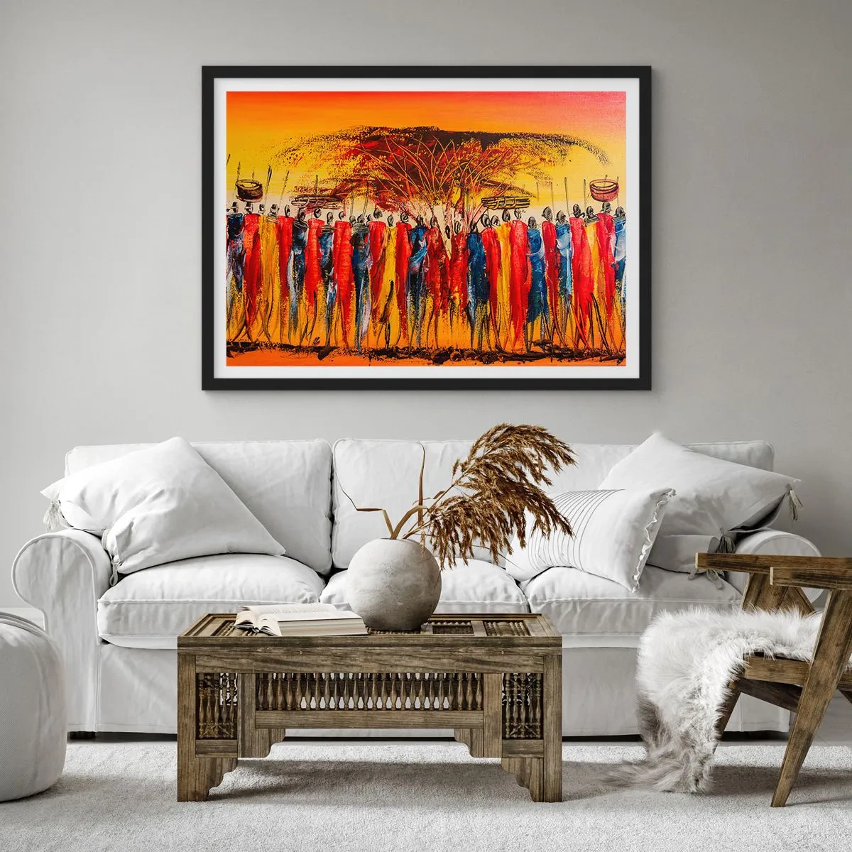 Affiche dans un cadre noir - Poster - Une scène colorée avec des personnages africains sur fond de soleil couchant. - 100x70cm - Là-bas, là-bas, ils vont là-bas - Décoration murale moderne pour le salon et la chambre ARTTOR