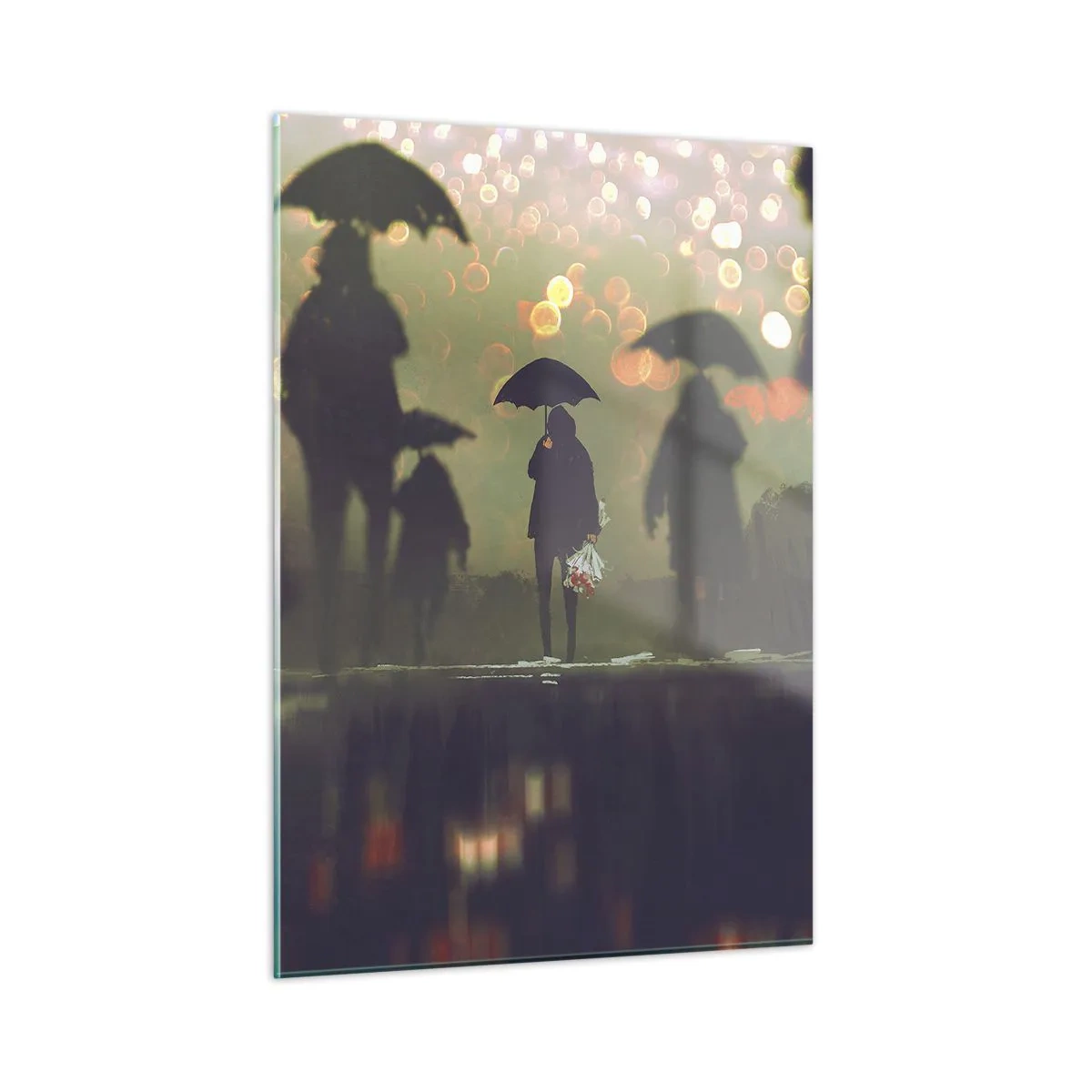 Impression sur verre - Image sur verre - Personnages avec parapluies sous la pluie sur fond de lumières de la ville - 50x70cm - Du point de vue d'une goutte de pluie - Décoration murale moderne pour le salon et la chambre ARTTOR