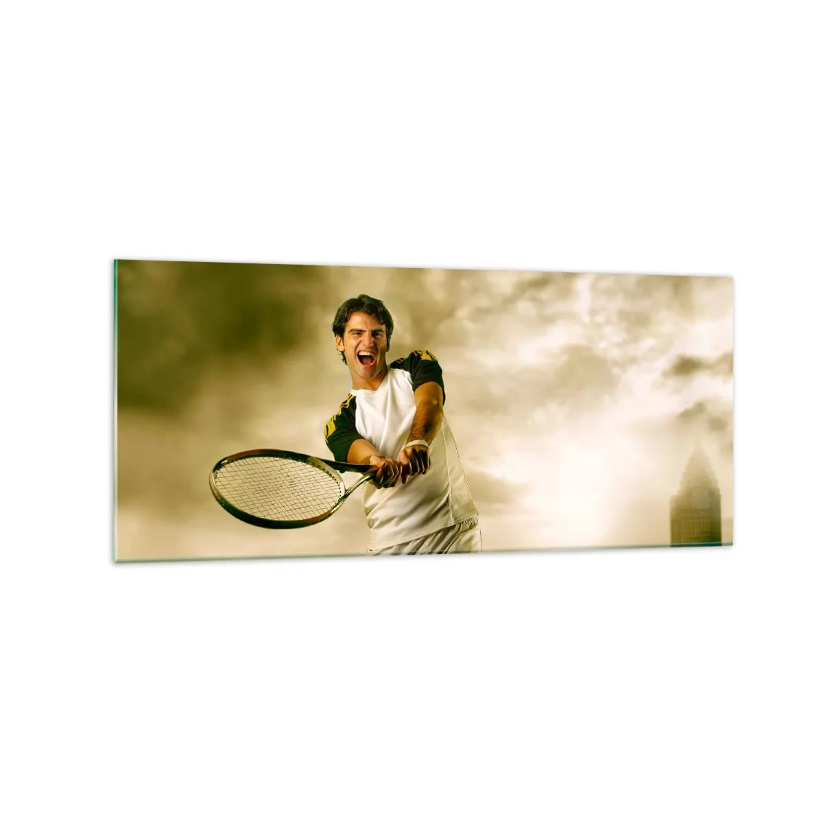Impression sur verre - Image sur verre - Joueur de tennis en action lors d'un match avec en toile de fond un paysage urbain - 120x50cm - Énergie et joie - Décoration murale moderne pour le salon et la chambre ARTTOR