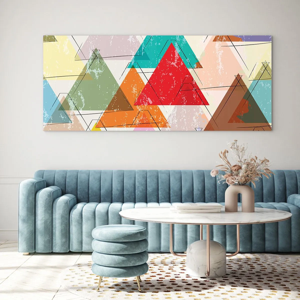 Impression sur verre - Image sur verre - Abstraction colorée avec des triangles géométriques - 120x50cm - Trois par trois - Décoration murale moderne pour le salon et la chambre ARTTOR