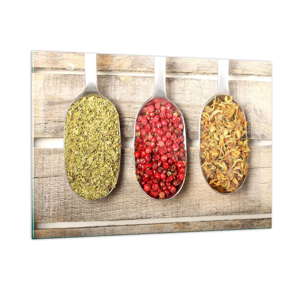 Impression sur verre - Image sur verre - Trois cuillères à épices sur un fond en bois rustique - 120x80cm - Magie de la cuisine - Décoration murale moderne pour le salon et la chambre ARTTOR