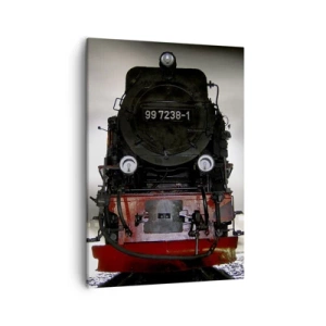 Impression sur toile - Image sur toile - Une locomotive à vapeur entourée de vapeur sur un ciel sombre dans un décor atmosphérique - 50x70cm - Il se lève et siffle, halète et souffle - Décoration murale moderne pour le salon et la chambre ARTTOR