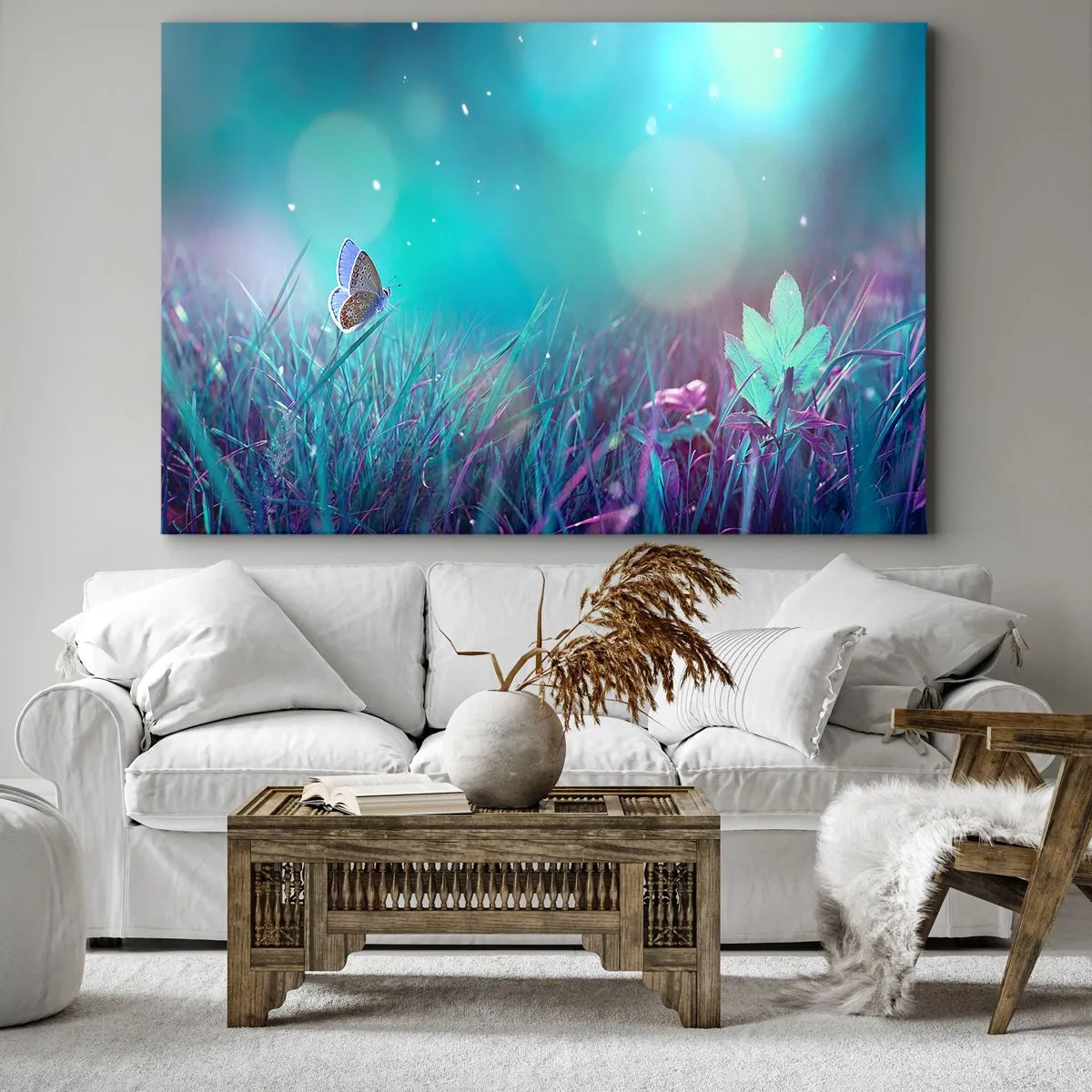 Impression sur toile - Image sur toile - Un papillon sur l'herbe à la lumière de reflets flous - 70x50cm - La vie secrète de la prairie - Décoration murale moderne pour le salon et la chambre ARTTOR