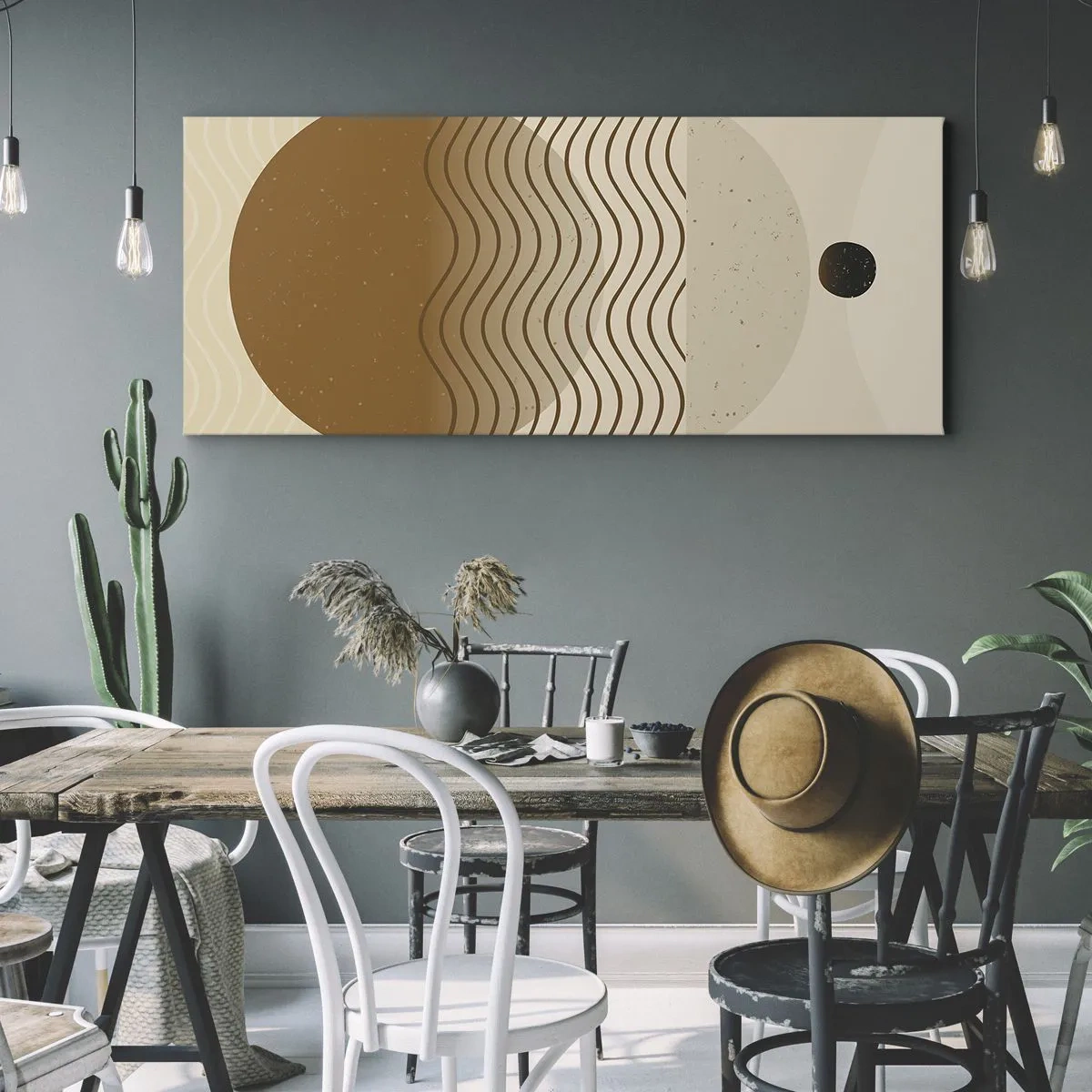 Impression sur toile - Image sur toile - Abstraction géométrique avec des cercles et des lignes ondulées aux couleurs chaudes. - 140x50cm - Sur l'origine des figures géométriques - Décoration murale moderne pour le salon et la chambre ARTTOR