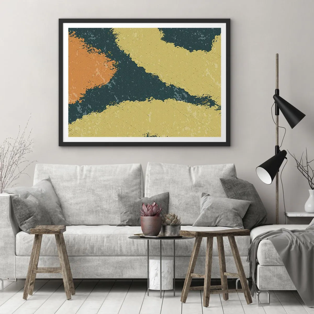 Affiche dans un cadre noir - Poster - Taches abstraites aux couleurs terreuses et vertes - 100x70cm - Abstraction – mouvement lent - Décoration murale moderne pour le salon et la chambre ARTTOR