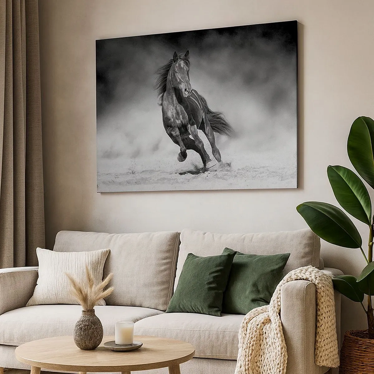 Impression sur toile - Image sur toile - Un cheval noir et blanc galopant sur le sable - 70x50cm - Digne de l'émir lui-même - Décoration murale moderne pour le salon et la chambre ARTTOR
