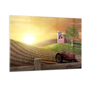 Impression sur verre - Image sur verre - Coucher de soleil sur une ferme avec un champ et un tracteur - 120x80cm - Une ferme comme dans un conte de fées - Décoration murale moderne pour le salon et la chambre ARTTOR