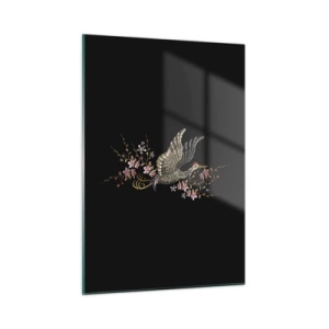 Impression sur verre - Image sur verre - Oiseau brodé en vol avec des fleurs en arrière-plan sur un fond sombre - 50x70cm - Oiseau brodé exotique - Décoration murale moderne pour le salon et la chambre ARTTOR
