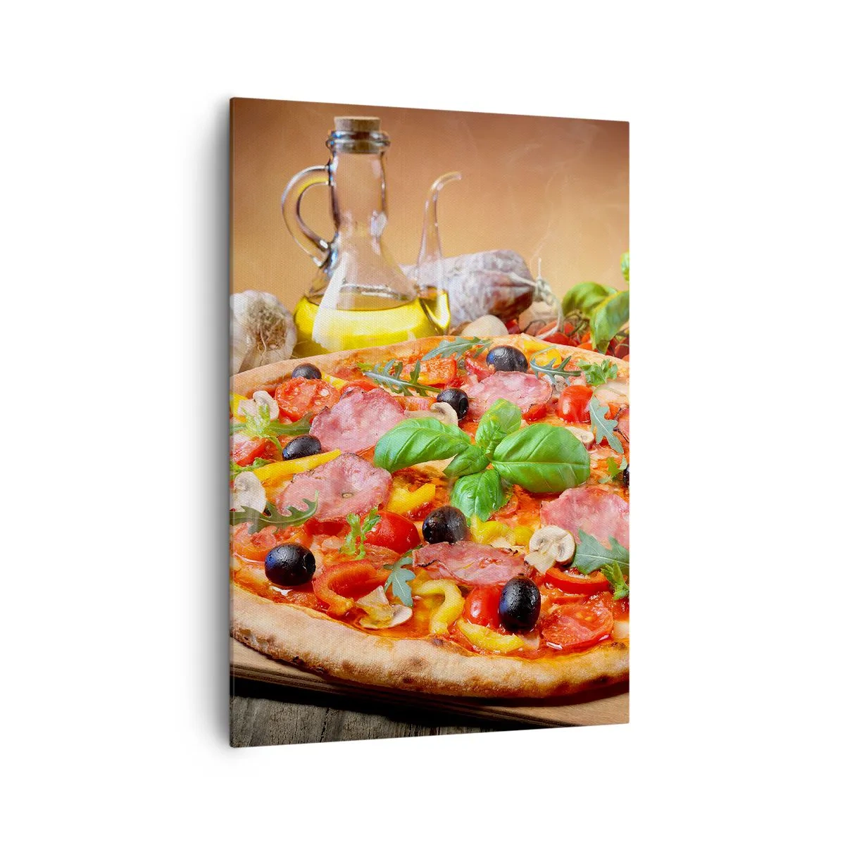 Impression sur toile - Image sur toile - Pizza appétissante sur une table en bois avec garnitures - 70x100cm - Avec une vraie saveur italienne - Décoration murale moderne pour le salon et la chambre ARTTOR
