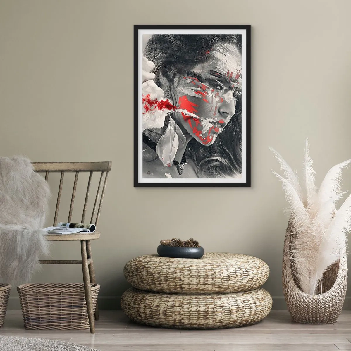 Affiche dans un cadre noir - Poster - Portrait artistique avec un accent rouge - 50x70cm - Dans les fumées de l'absurde - Décoration murale moderne pour le salon et la chambre ARTTOR