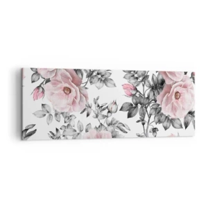 Impression sur toile - Image sur toile - Roses roses et feuilles sur un délicat fond noir et blanc - 140x50cm - Se perdre dans les fleurs des roses - Décoration murale moderne pour le salon et la chambre ARTTOR